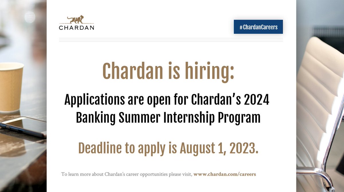Chardan (@chardancm) on Twitter photo Chardan is recruiting for our 2024 Banking Summer #Internship Program! We are accepting applications from students graduating in winter 2024 or spring 2025. Deadline to apply is 8/1/2023. Visit chardan.com/careers for more info & email resumes to careers@chardan.com to apply. Chardan is recruiting for our 2024 Banking Summer #Internship Program! We are accepting applications from students graduating in winter 2024 or spring 2025. Deadline to apply is 8/1/2023. Visit chardan.com/careers for more info & email resumes to careers@chardan.com to apply.