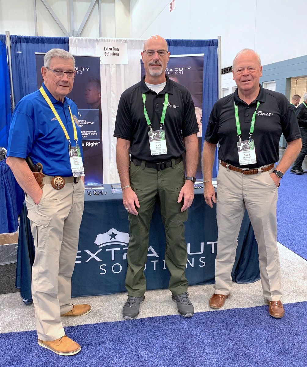 extradutysolved's tweet photo. The 2023 @NationalSheriff Conf in Grand Rapids, MI is in full force! Mark Bruce and David Murtaugh are at booth #501 and just met up with EDS customer Sheriff Dusty Rhoades of @WCSO_Sheriff. #extradutydoneright #NSA #sheriffs2023 https://t.co/Rug6LBUqfR