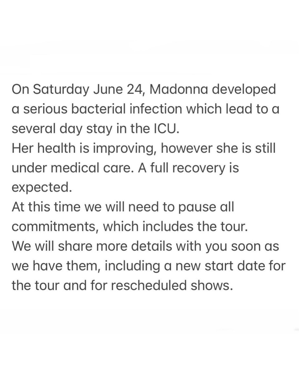#Madonna was rushed to the hospital and intubated in the ICU after being found unresponsive on Saturday, #PageSix reports. She is expected to make a full recovery ❤️🙏 

@Madonna @guyoseary