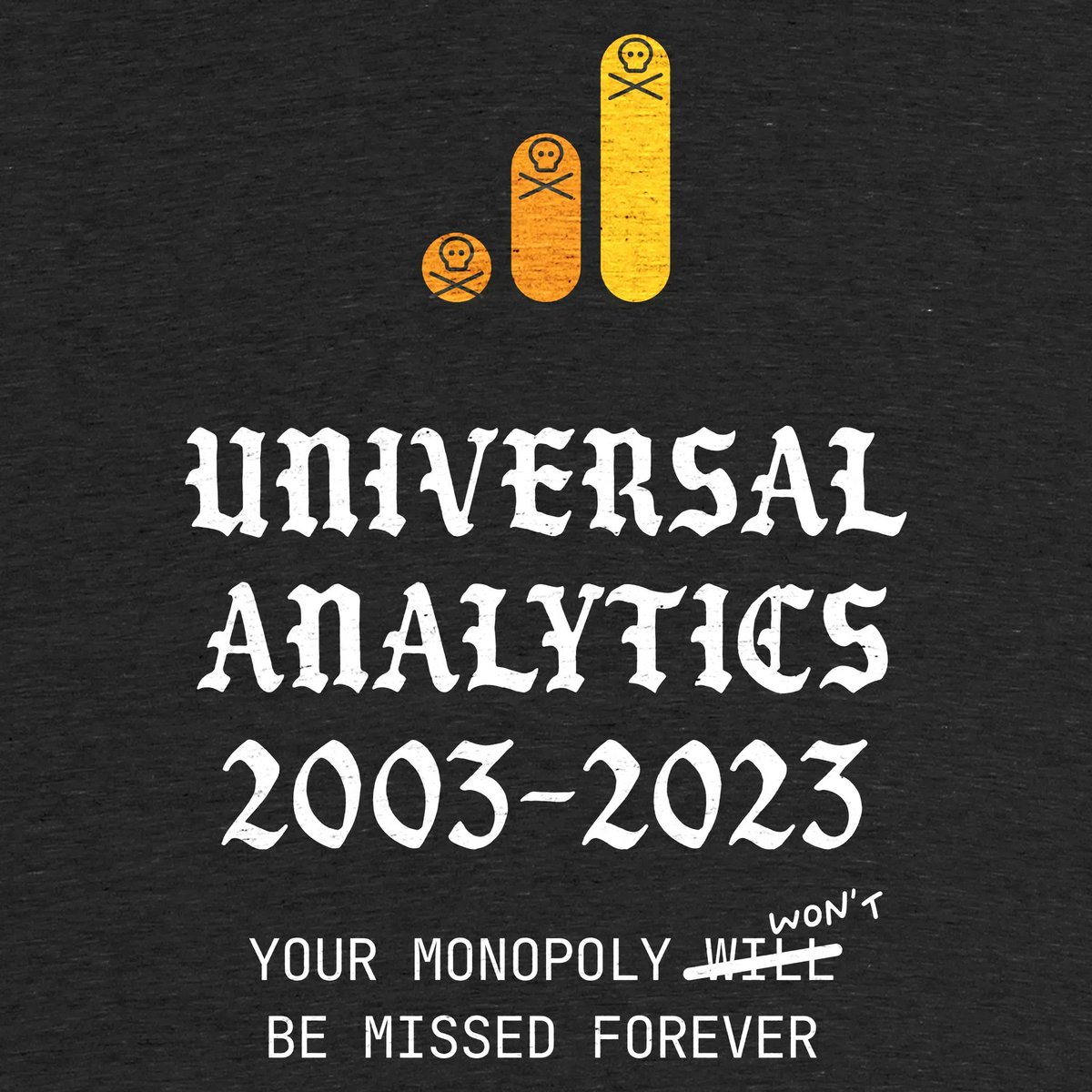 usefathom's tweet photo. Google's Universal Analytics is dead. We are giving away a handful of these T-shirts to some lucky people to celebrate the end of an era. Retweet this tweet and we'll pick some winners by the end of the week. https://t.co/p27x4sNJr9