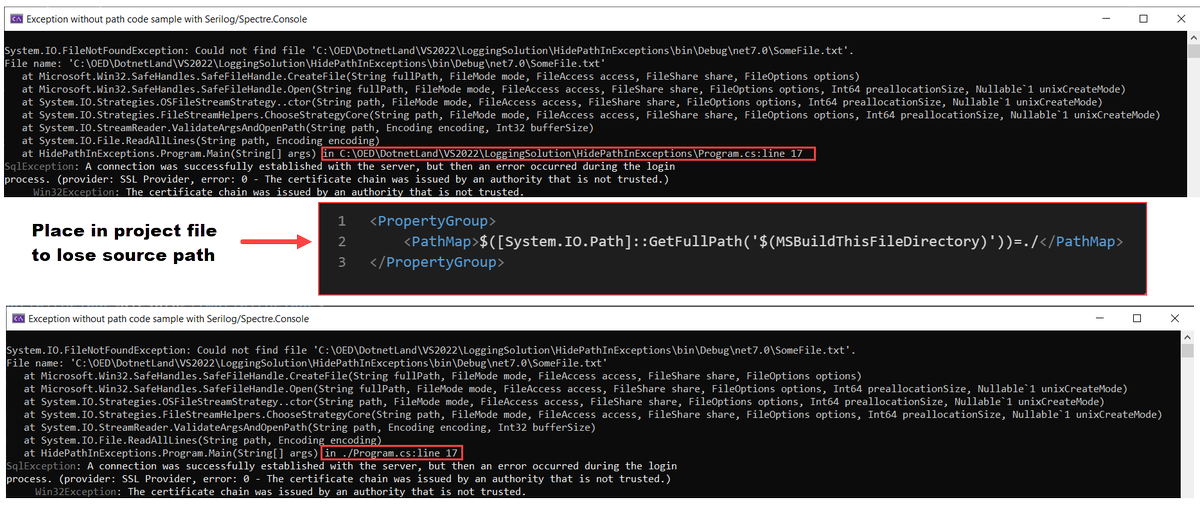 Did you know when logging exceptions you can remove the path to lines of code?