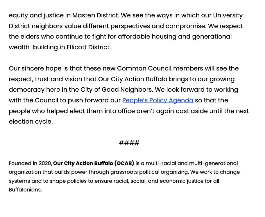 OCAB congratulates all winners of yesterday's Council Primary election. We especially want to extend a heartfelt TY to Eve Shippens, Kathryn Franco, and India Walton who took a risk to push back against the political machine to run visionary campaigns. Full statement below: