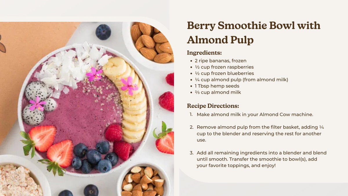 Ready to power up your morning with the perfect smoothie bowl?

Our berry smoothie bowl with almond pulp recipe is chock-full of nutritious and delicious ingredients!

Plus, it's a great way to use that leftover almond pulp, so let's get blending!
almondcow.co/recipes/frozen…