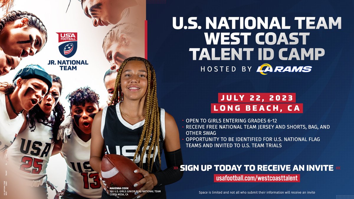 We are excited for our West Coast Talent ID Camp, hosted by the @RamsNFL! 👀 🗓️ July 22 // Long Beach, CA 🏈 Open to girls entering grades 6-12 🎽 Free National Team gear & swag 🇺🇸 Get scouted for our flag national teams ➡️ Sign up at usafootball.com/westcoasttalent for an invite