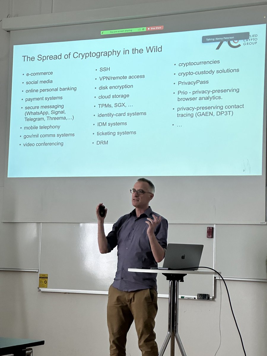 Fantastic talk of <a href="/kennyog/">kennyog</a> today <a href="/tu_wien/">TU Wien</a> sharing with <a href="/ViSP_Vienna/">ViSP</a> researchers his secret toolbox to attack and prove security of crypto in the wild, besides how to write awesome papers 😉 thanks for the visit and…bis bald!