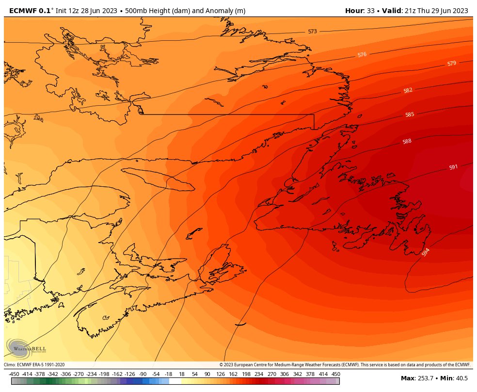 A much deserved ridge anchored over Newfoundland peaks Thursday. Heat advisories persisting through tonight & Thursday. Already up to 26c inside the house. #nlwx https://t.co/oFKeMLOxYj