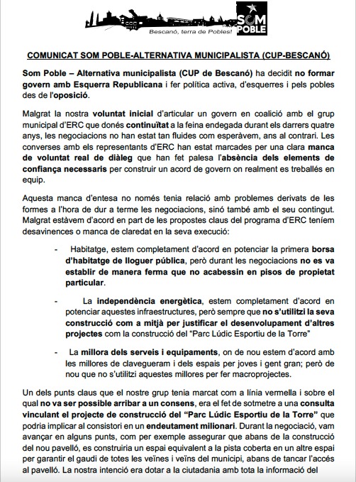 CUPBescano's tweet photo. 📢 Comunicat SOM POBLE - Alternativa Municipalista (CUP Bescanó) https://t.co/HhjP1OEO3S
