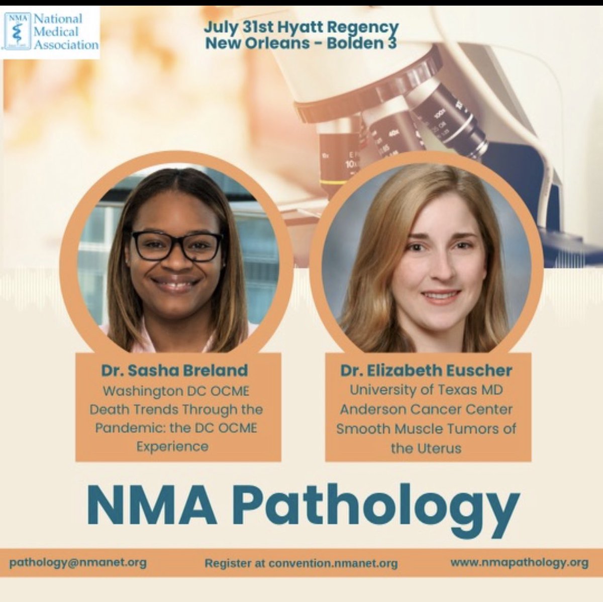 Dr. Sasha Breland and Dr. Elizabeth Euscher will be part of the NMA Pathology Section’s Scientific Sessions on July 31st! Register at convention.nmanet.org . Check out our website for the full speaking schedule! nmapathology.org #nmapathology #nmanola2023