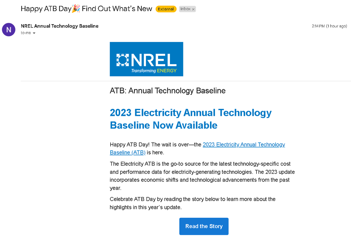 HAPPY ATB DAY! What is ATB Day, you ask? Well, it's the most magical time of the year for energy geeks. The National Renewable Energy Lab publishes the Annual Technology Baseline (ATB) every year covering a whole bevy of generation technologies. Let's take a look! 🧵
#ATBday
