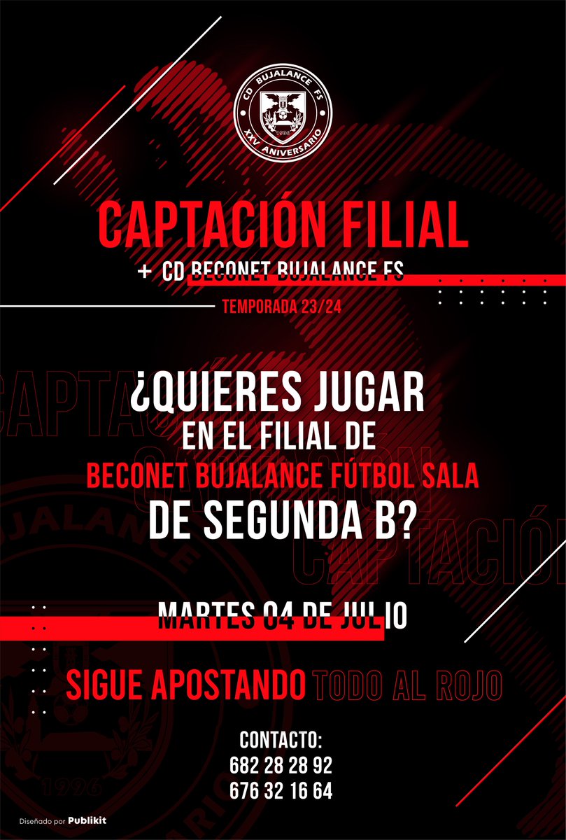 🅱️ FILIAL | ¿No pudiste venir a las pruebas del pasado martes? ¡TIENES OTRA OPORTUNIDAD!

El próximo Martes 4 de Julio a las 8 de la tarde tienes una nueva cita en el Pepe Montalbán para aspirar a vestir nuestra camiseta en esta temporada.

#VamosBujalance #TodoAlRojo