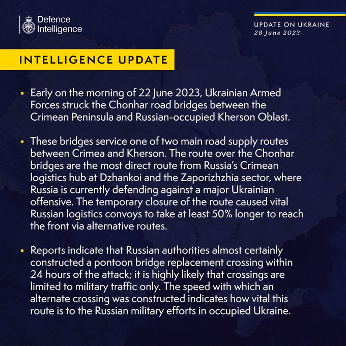 #Ukraine: 7. #UK Intel confirms that despite building a pontoon, UA attack on Chonhar bridge to #Crimea has severely disrupted RU logistics. RU supply convoys take 50% longer to reach the front. Reports of 6 explosions last night in occupied #Melitopol at around 1.00am. #tweet100