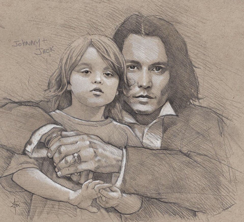 Absolutely stunning pencil drawing by the fabulous artist Brian Fox of Johnny Depp and his son Jack when he was young.  (Photo credit: @artistbrianfox of Brian Fox Studios)