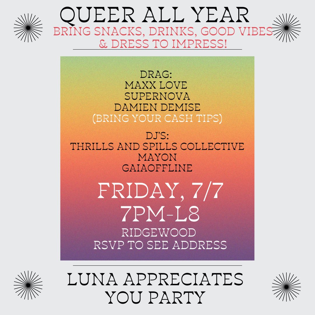 __WeirdFishes's tweet photo. Hey cuties! I’m throwing a party in NYC to appreciate all my mutuals/friends/loved ones and to show we’re queer all year and not just in June! Dm for the link to RSVP for next Friday 7/7 7PM-L8 see you there or die str8! 🫣🤭 https://t.co/yci1uDb4G4