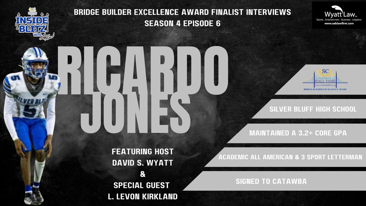 Thursday at Noon!
Join the Chairman @wyattsports &amp; <a href="/SilverBluffFB/">Silver Bluff Football</a> alum <a href="/Rjtheathlete/">Ricardo Jones</a> for Episode 6 of Inside Blitz!  Another special interview with <a href="/CatawbaIndians/">Catawba College Athletics</a> signee! #BBEA23 #SCTop10N2030 #JoinTheMovement #sports #leadership
Premiere on YouTube: youtu.be/Luqp4tcLdrs