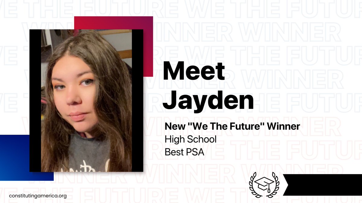 Congratulations to Jayden Mann, Best High School PSA. Watch Jayden's winning PSA here: constitutingamerica.org/jayden-mann/ Want to be a winner too? Submit your entry for our 'We The Future Contest' by 9.17.23 for a chance to win scholarship prizes up to $5K and a mentor trip! Click here to