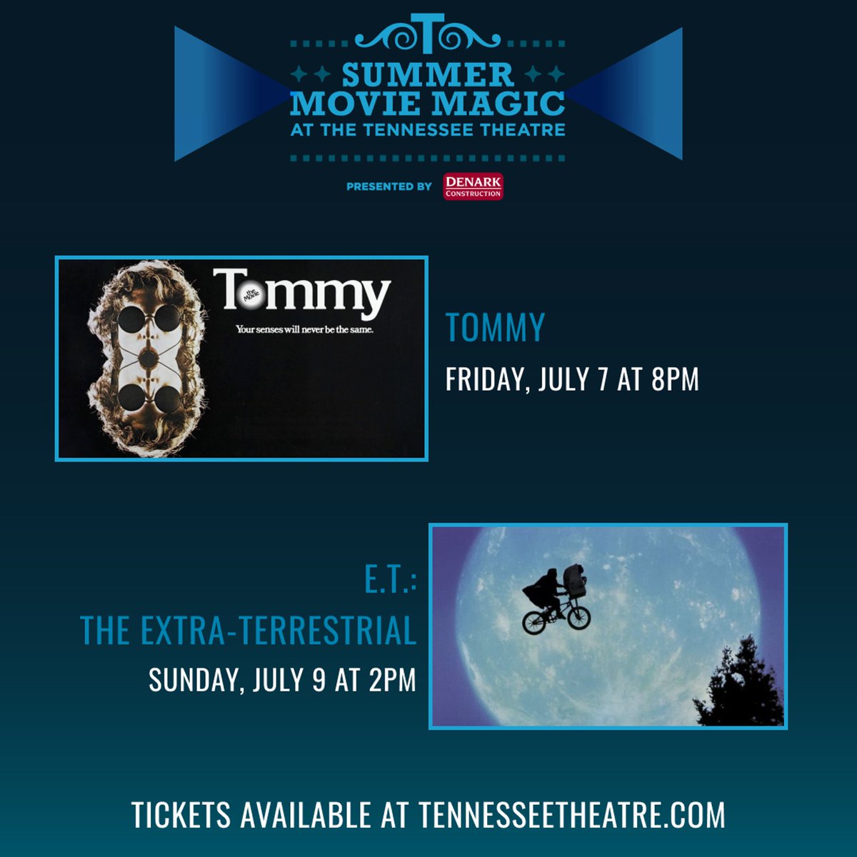 Next weekend’s Summer Movie Magic presented by Denark Construction lineup: Tommy on 7/7 at 8pm and E.T. on 7/9 at 2pm. Get your tickets here!