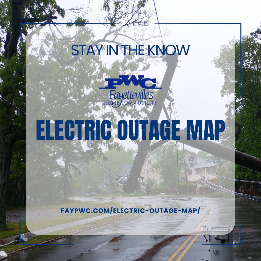 STAY IN THE KNOW with the PWC Electric Outage Map! See near real-time details on electric service affected in your area when an outage impacts your service. For more info: faypwc.com/electric-outag…
#HometownUtility #CommunityPowered #PublicPower #SafetyFirst #StayInformed