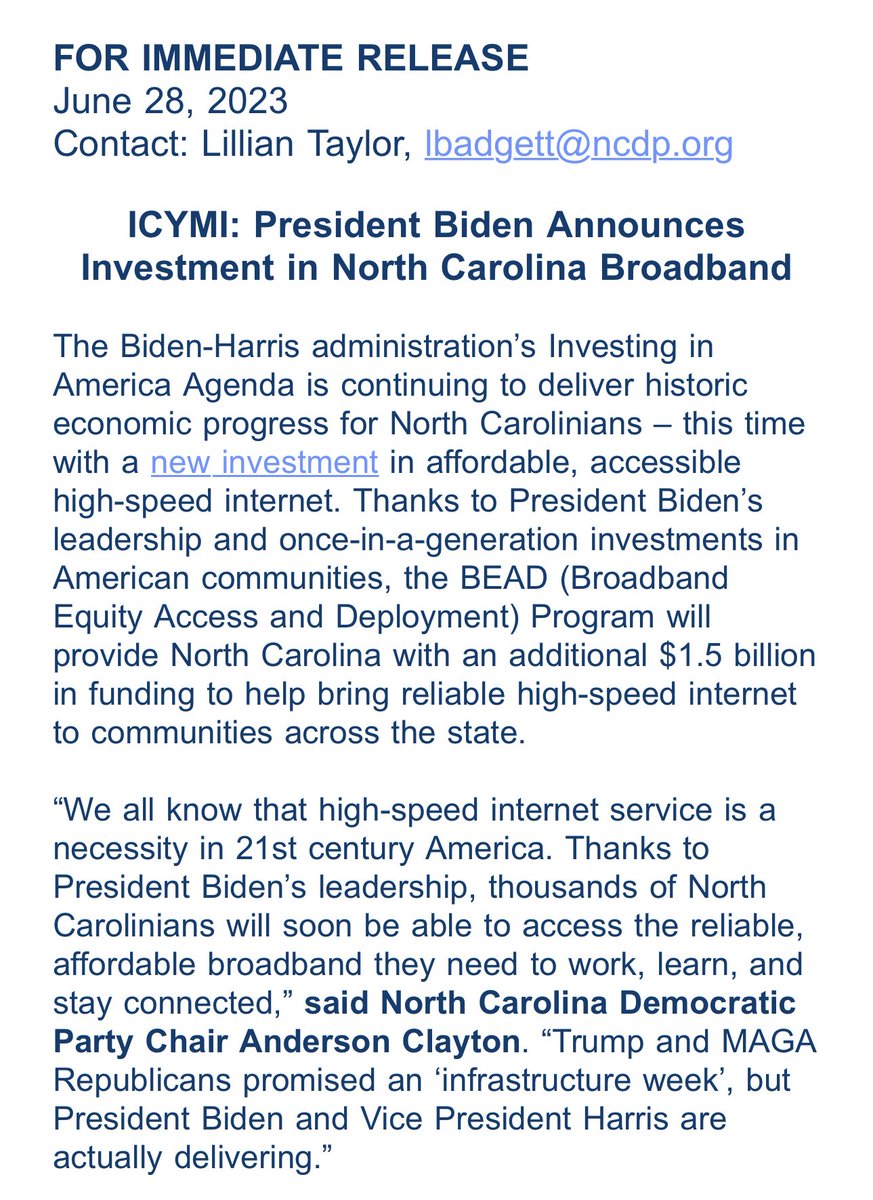 “Rural North Carolinians were told for decades that broadband access was a luxury. The Biden-Harris Administration knows it’s a necessity and is working to deliver broadband access to every community.” added Chair Clayton. #ncpol