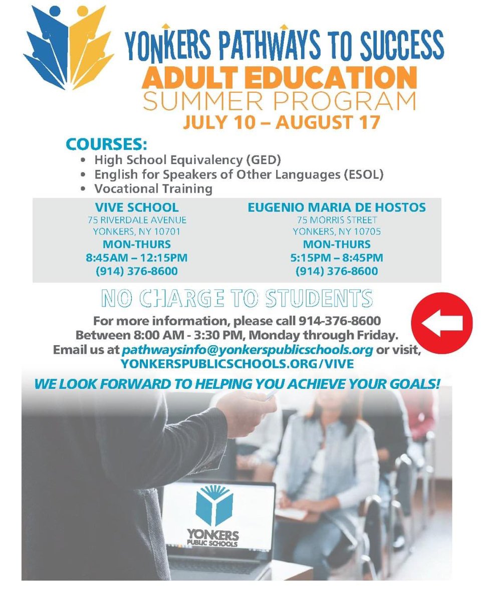 Yonkers Pathways to Success, the Adult Education program of #YonkersPublicSchools is offering FREE classes for adult residents of The City of Yonkers  
@School5Yonkers