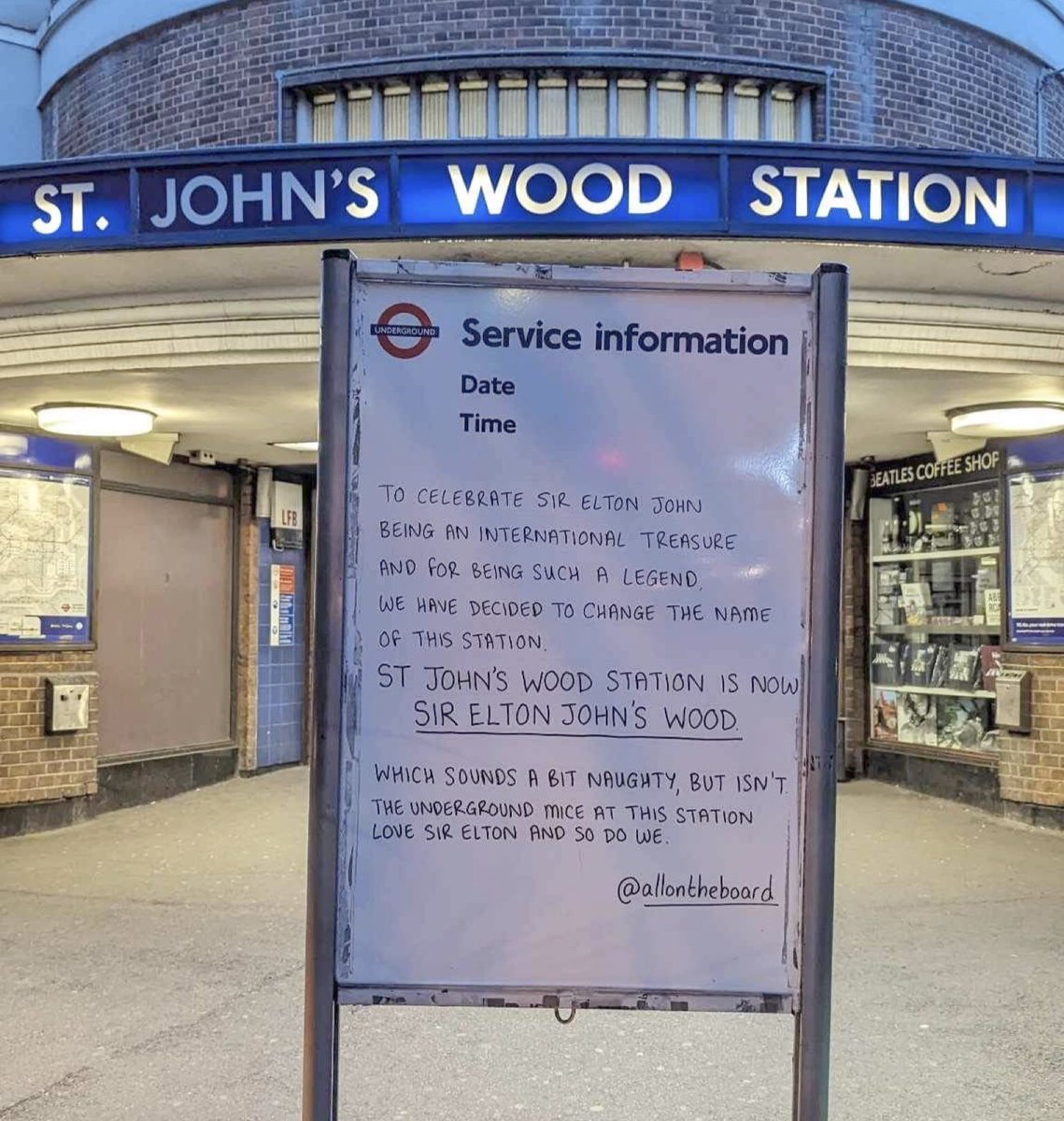 allontheboard's tweet image. To celebrate Sir Elton John being an international treasure and for being such a legend we have decided to change the name of this station.  So St. John’s Wood will be renamed
Sir Elton John’s Wood.

#EltonJohn @eltonofficial #StJohnsWood @allontheboard