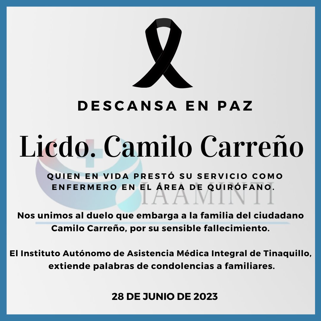 Nos unimos al duelo que embarga a la familia del ciudadano Camilo Carreño, por su sensible fallecimiento.

El Instituto Autónomo de Asistencia Médica Integral de Tinaquillo, extiende palabras de condolencias a familiares.

Sus restos serán velados, en la Funeraria Santa Isabel.