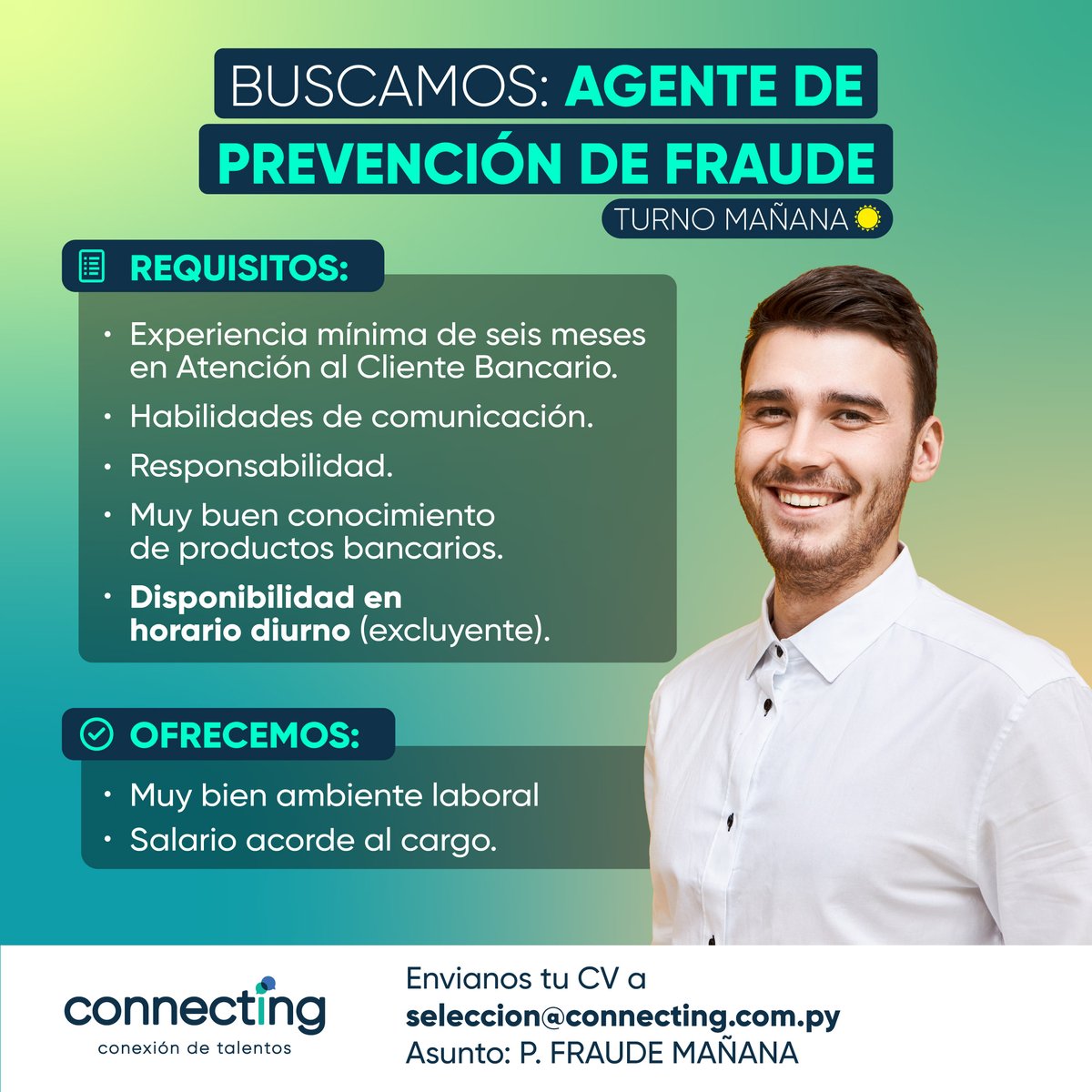 Tips para la postulación 👇🤩
➡ Contamos con filtros automáticos. Coloca el asunto indicado para que tu correo sea tomado en cuenta.
➡ El no cumplimiento de los requisitos EXCLUYENTES hace que el CV se elimine de la base de datos para futuras búsquedas.

#OportunidadLaboral