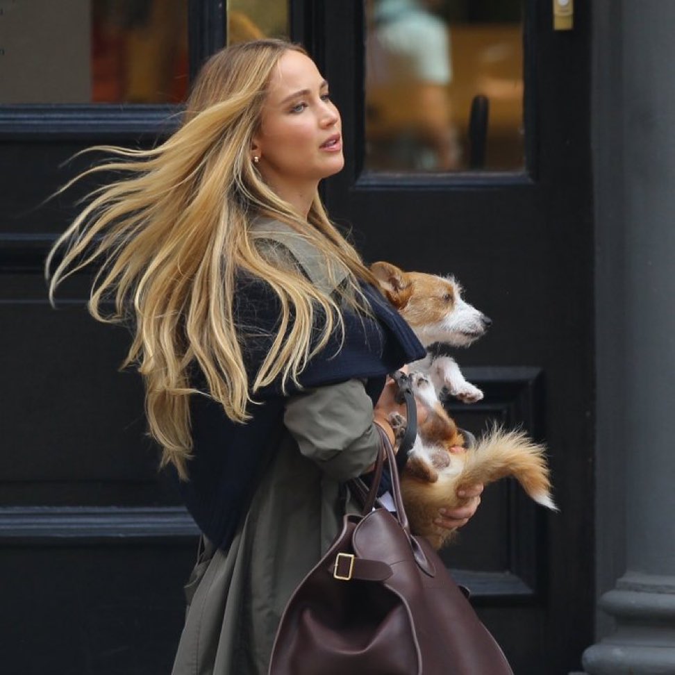 If I was Jennifer Lawrence and the paparazzi got a candid shot of me like this it would be my Lock Screen background, LinkedIn pic, headshot, Instagram avi—baby it would be EVERYWHERE! The hair, the glam, the bag, and most importantly, THE DOG