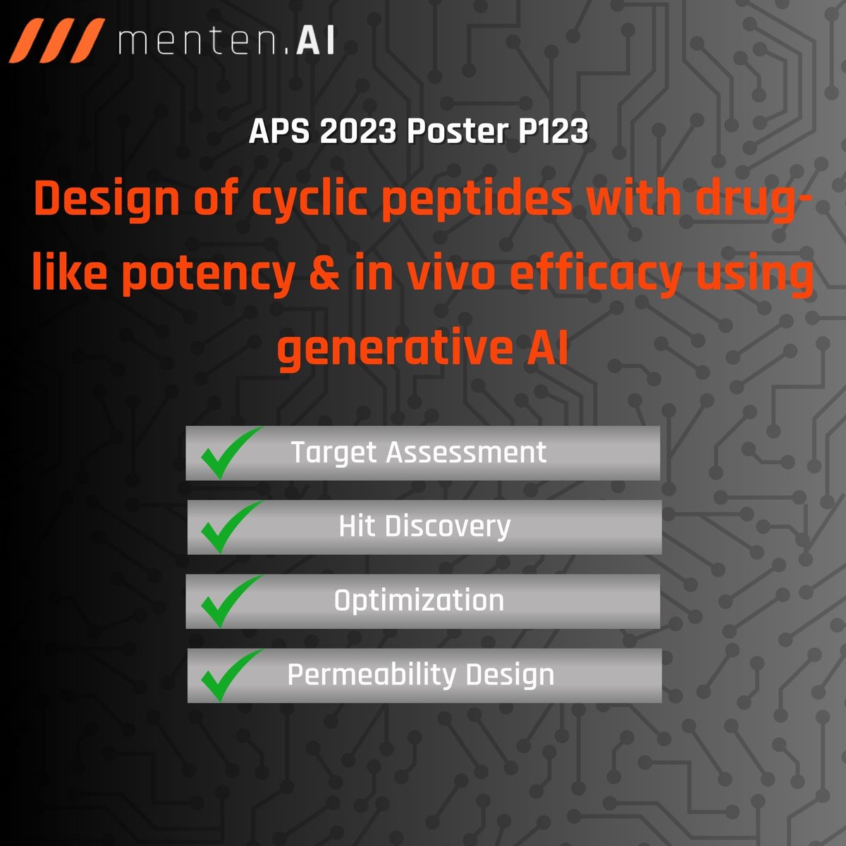 APS is happening now! 
Don’t miss the chance to meet Stephan Kudlacek and learn about how Menten AI utilizes Generative AI to advance #peptide drug discovery! 👋

#peptides #aritificialintelligence #machinelearning #drugdiscovery