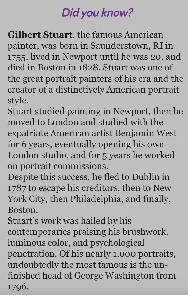 RINewsToday's tweet photo. Did you know?
#GilbertStuart #RhodeIsland #artist #DidYouKnow https://t.co/NOrVMFxDfY