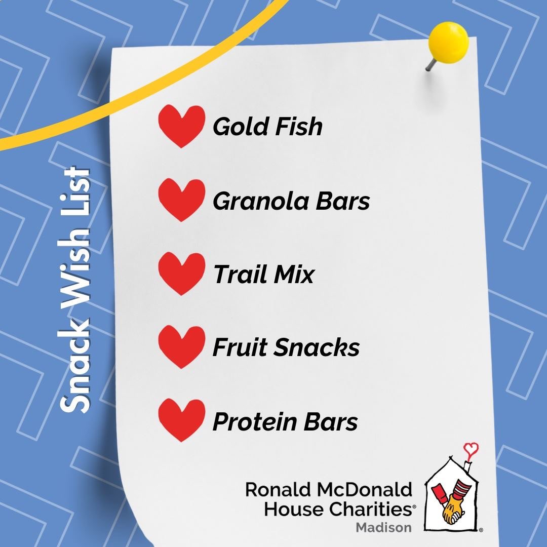 SNACKS! 🍪🍿🍫🍎 We all love them and the @rmhcmadison needs them. All through the month of July, #gored4ronald “fill-the-bin” with snacks for families headed to the hospital. Let’s help support families at the RMHC-Madison, #badgers! <a href="/VarsityCltv/">The Varsity Collective</a>