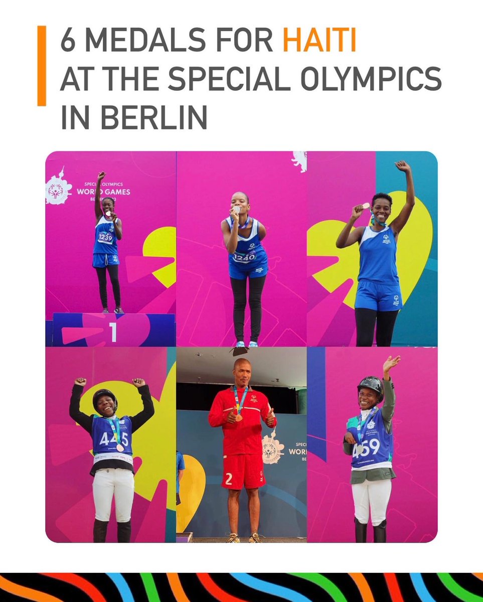 FacesOfHaiti_'s tweet photo. #HaitianExcellence!  •  🇭🇹
———

Haiti Shines at Special Olympics Berlin 2023 with Six Athletes Winning Medals

 • Renia Joseph, Gold medal 200-meter race

• Darlene Milord , Silver medal in dressage equestrian

• Ketia Jean Jean Louis, Bronze medal in dressage equestrian

• Widjmy Charles, Bronze medal 200-meter race

• Christelle Paul, Silver medal 200-meter race

• Ducame Genet, Bronze medal in table tennis