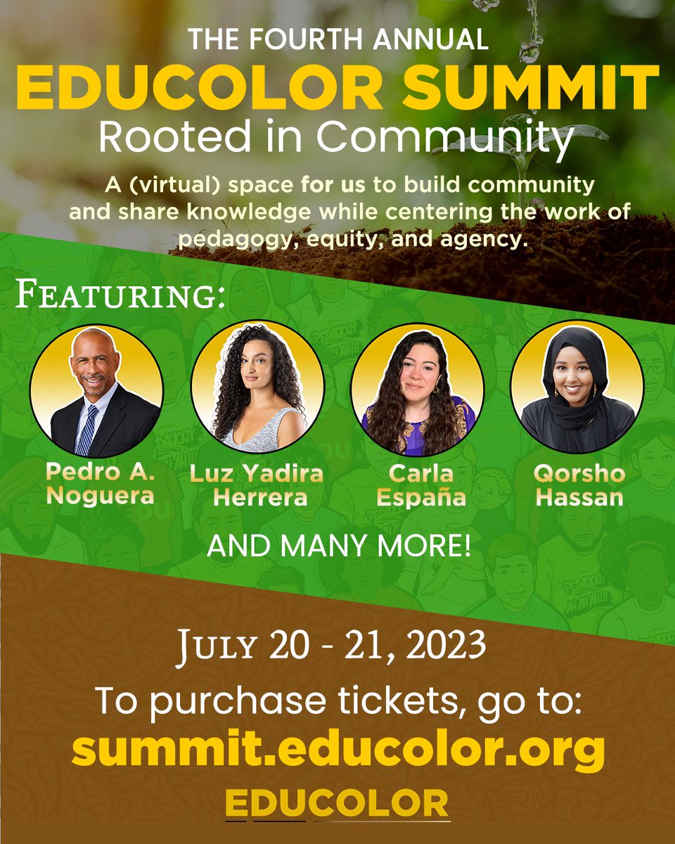 Early bird pricing ends tomorrow night, Friday, June 30, for our 2023 #EduColor Summit “Rooted in Community” The summit is virtual & includes realtime captioning for all our sessions. To register go to summit.educolor.org Come for the talks, stay for the community #EduColor23