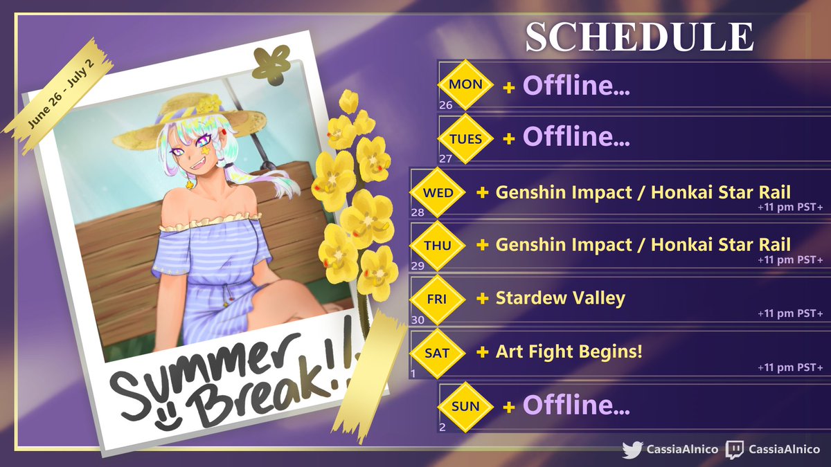 CassiaAlnico's tweet photo. ➕I finally made a new stream schedule after so long XD Art Fight starts this week which I will try to participate in this year! We'll see how that goes lol
🧲Tags
Live: #CassiaAlLive
Art: #PlusCassia https://t.co/W442keDlQ1