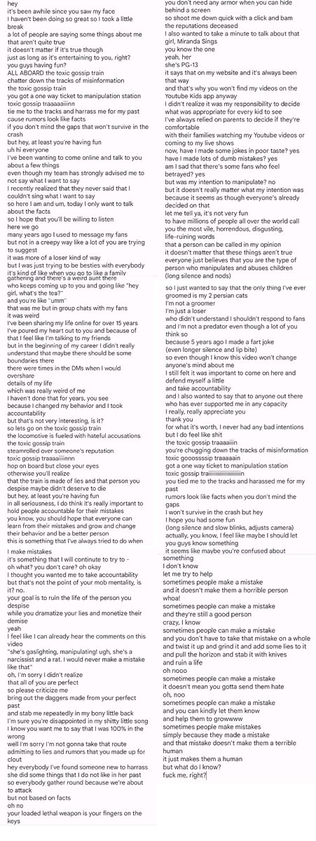 Colleen Ballinger's entire 10 minute non-apology song transcribed in one image so you don't have to listen or give her a view: