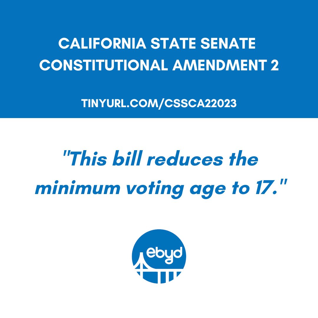 EBYD's tweet image. EBYD is proud to endorse #SCA2, introduced by @SenHenryStern, which would reduce the minimum voting age to 17! #Vote17 #Vote17CA

More Info: tinyurl.com/CSSCA22023

Press Release: sd27.senate.ca.gov/news/20230508-…

@BIFYA_Berkeley Article: youngamericans.berkeley.edu/2023/05/should…