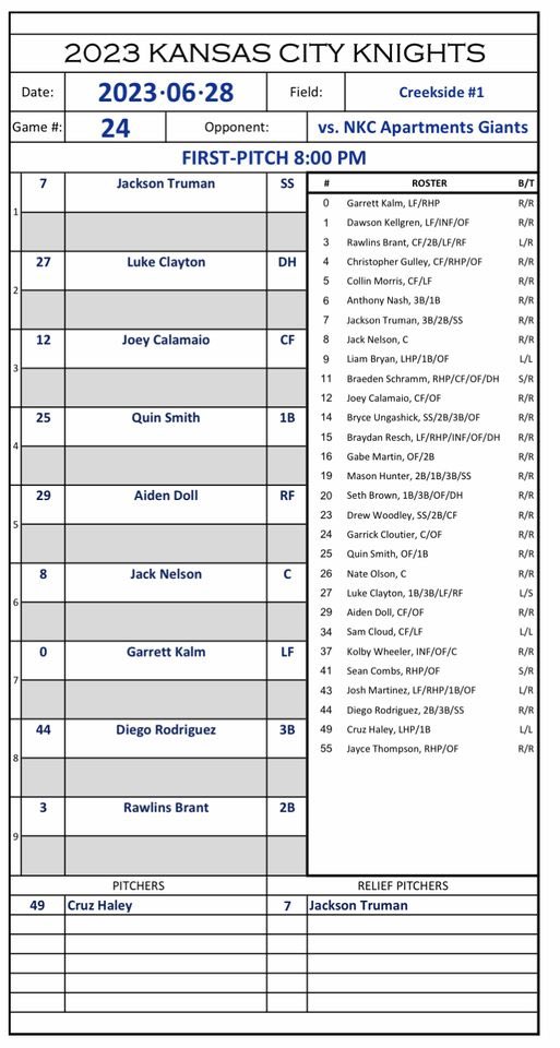 BIG NIGHT TONIGHT, KNIGHTS FANS!!!

Two games against the Giants at 6 &amp; 8 CT.

We’re fighting for a playoff spot, so help give our guys a boost by cheering them on at Field 1 at Creekside or by tuning in to KNGT to follow the action!

#SwordsUp ⚾️⚔️