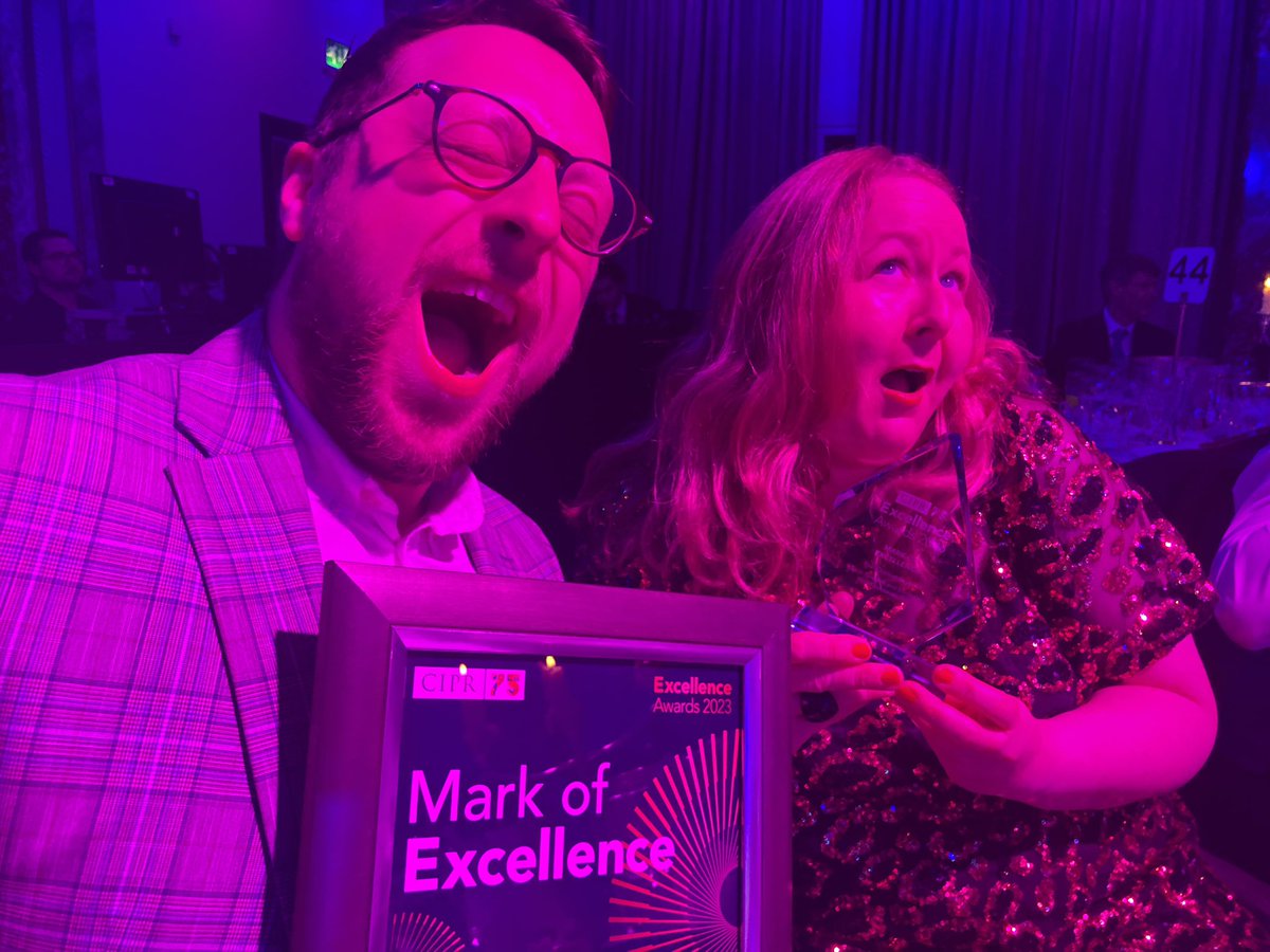 MEGA CHUFFED at our Mark of Excellence Award at #CIPRexcel Here’s me and Harry being totally chill about it.
Big thanks to our colleagues who made #OurPeoplePodcast a winner.
Congrats to first place in the Best Channel category, no idea who because I was losing my mind.