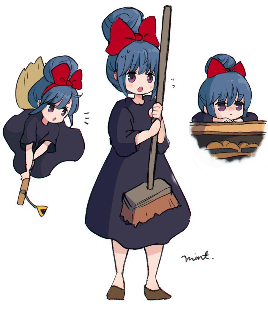 kiki (majo no takkyuubin) ,shima rin 1girl blue hair broom cosplay hair bun multiple views dress  illustration images