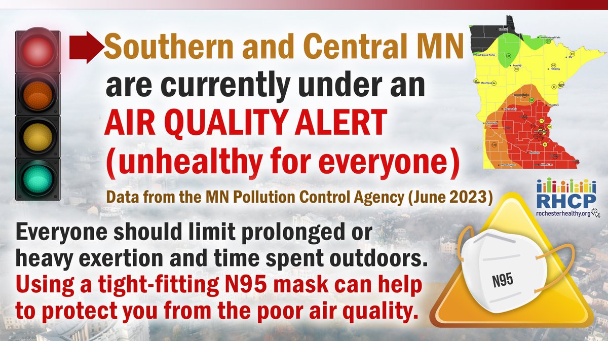An #airquality alert is in effect until Thursday. The current air quality is unhealthy for everyone. Stay safe!

#RCHPCares #SouthernMN #CentralMN #MN #MNHealth #MNAirQuality #AirQualityAlert #WearAMask #CanadaWildfires