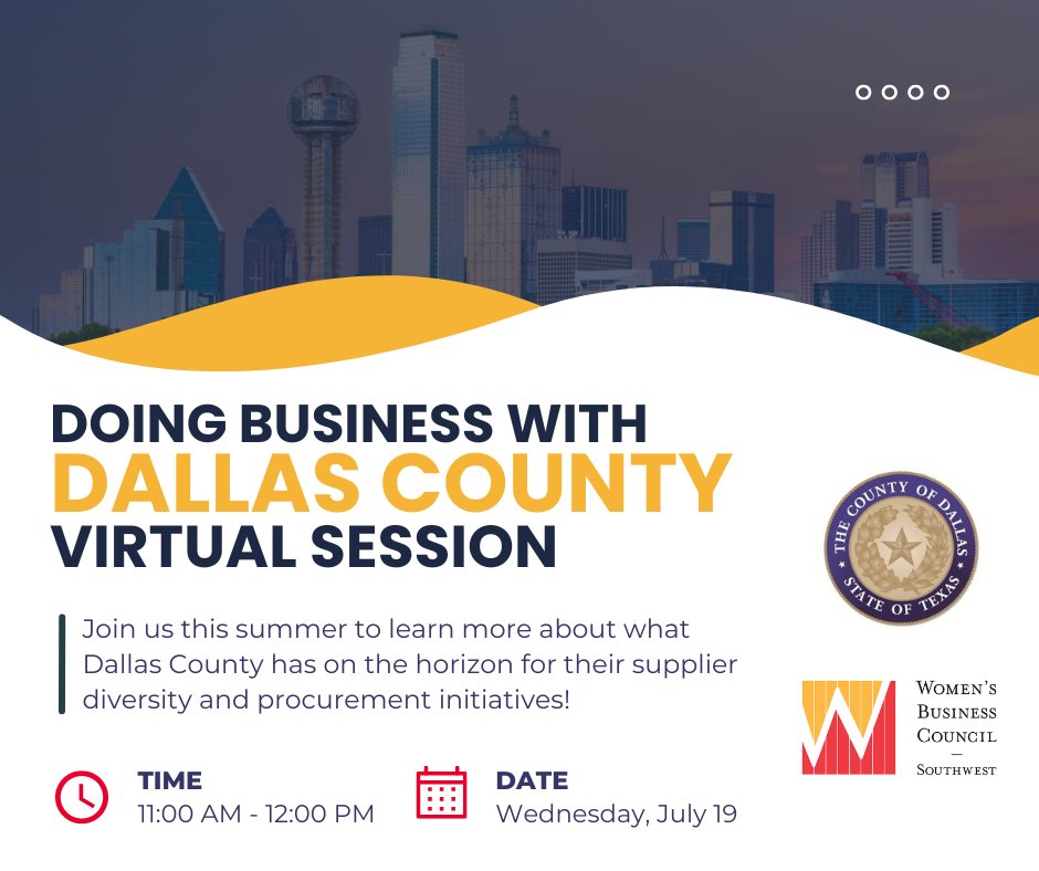 Join us for a presentation and Q&A to learn how best to do business with Dallas County and hear about their upcoming supplier diversity initiatives! Learn More: wbcsouthwest.org/events #DallasCounty #WBCSTransform