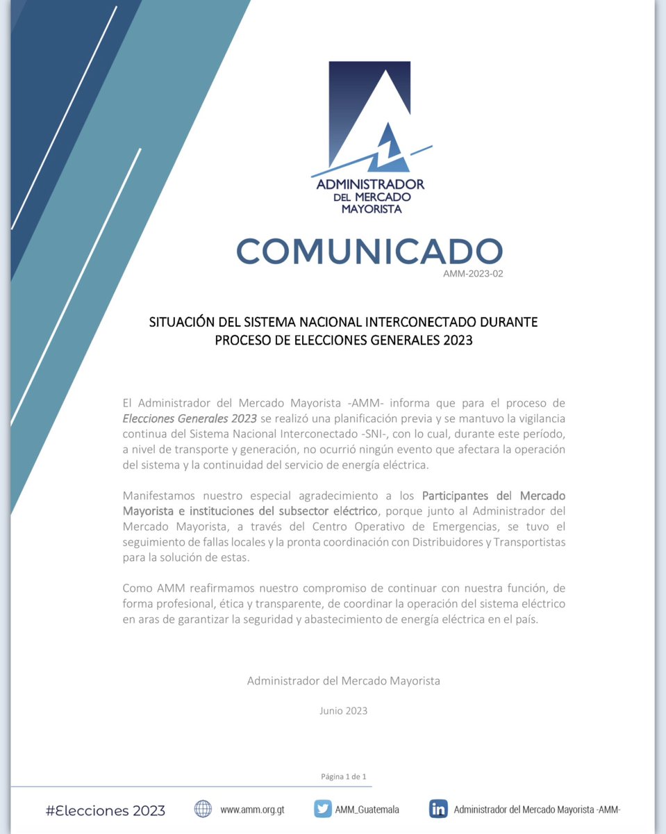 AMM_Guatemala's tweet photo. #AMMinforma Comunicado sobre la situación del Sistema Nacional Interconectado durante el proceso de #EleccionesGenerales2023 https://t.co/EpC8t24BWi