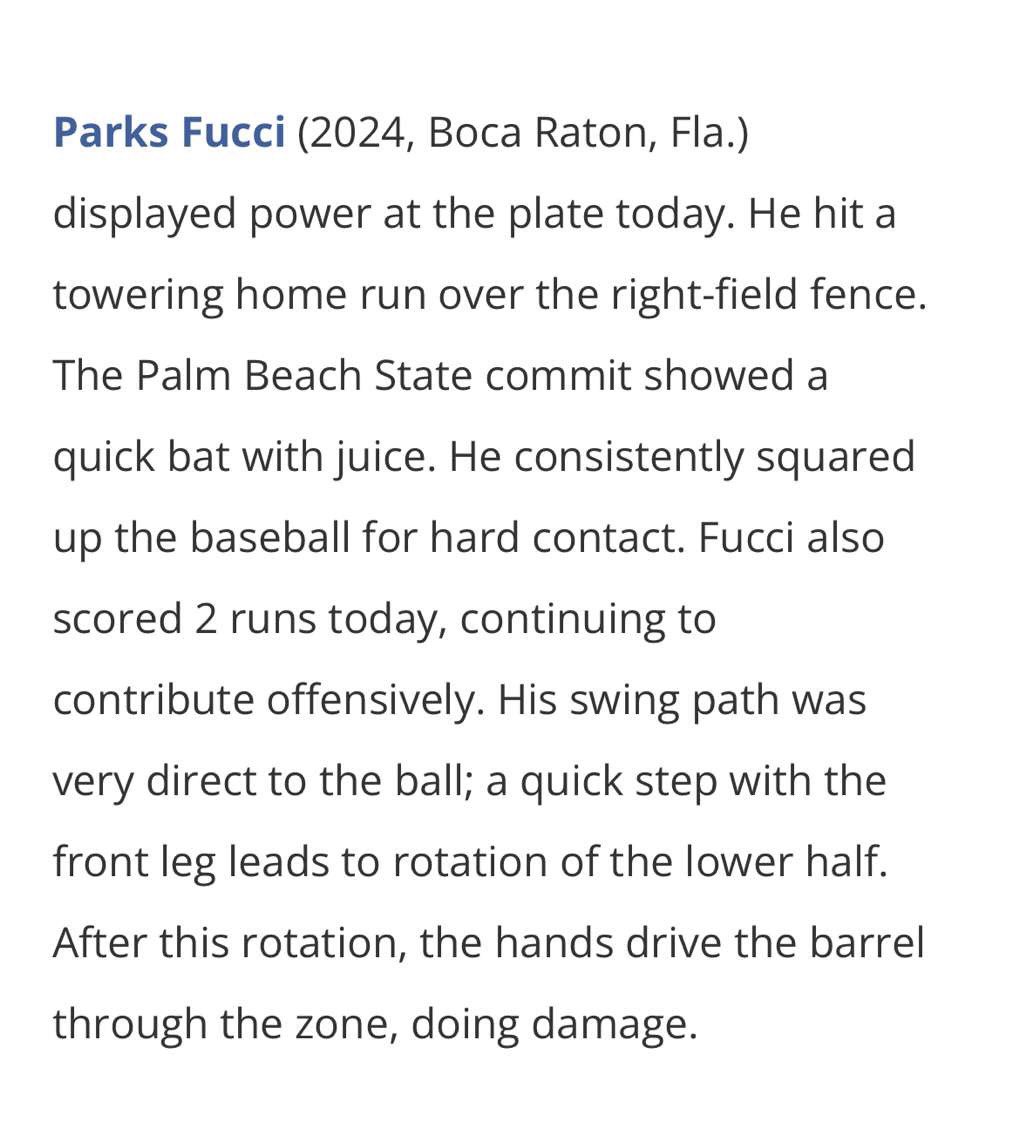 Parks_Fucci's tweet photo. Tough loss at the @Florida_PG BCS. Went 8-18 (.444) with 2 doubles and a homer. @PG_Scouting https://t.co/IvecxRsTDj