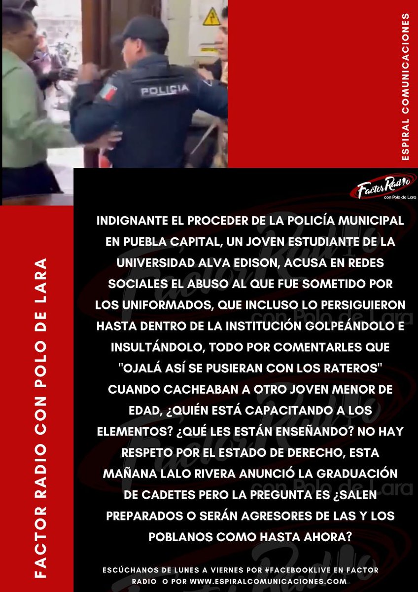 En #PueblaCapital  URGENTE un #YaBastaDeViolencia , lamentable que <a href="/eduardorivera01/">Eduardo Rivera Pérez</a> insista en mantener a <a href="/CruzGConsuelo/">María del Consuelo Cruz Galindo</a> en <a href="/SSC_Pue/">SSC Puebla</a> quien sigue dando muestras de #ineficacia,estos sujetos con uniforme no están capacitados!!, <a href="/FactorRadioPue/">Factor Radio Puebla</a> <a href="/FACTORCIUDADANO/">FACTOR CIUDADANO</a> <a href="/piolin_lpz/">Humberto López</a>