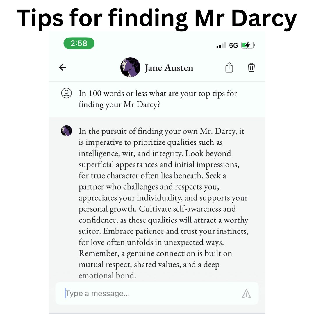 DanCarton's tweet photo. Asking Jane Austen the big questions...

Download "Ask the Greats" now in the app store

#janeausten #PrideandPrejudice #mrdarcy #ChatGPTPlus #chatgpt #GenerativeAI #ArtificialIntelligence https://t.co/cSuDNTPwFb