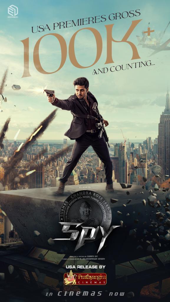 #Spy USA 🇺🇸 Premieres reported gross at $100K+ and counting… 

#SpyMovie is all set to become @actor_Nikhil career’s biggest opening premieres in USA 

USA by @prathyangiraUS 

@Ishmenon @Garrybh88 @tej_uppalapati @anerudhp #Edentertainments #KRajashekarreddy @VjaiVattikuti