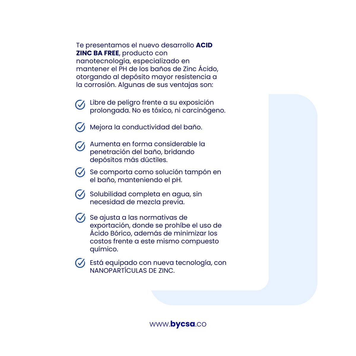 BYCSASA's tweet image. ¡Descubre ACID ZINC BA FREE, el aditivo revolucionario que reemplaza el Ácido Bórico en baños de Zinc Ácido! Beneficios excepcionales para tu proceso: seguridad, mayor conductividad, depósitos más dúctiles, solución tampón y resistencia a la corrosión #OptimizaciónProcesos #BYCSA