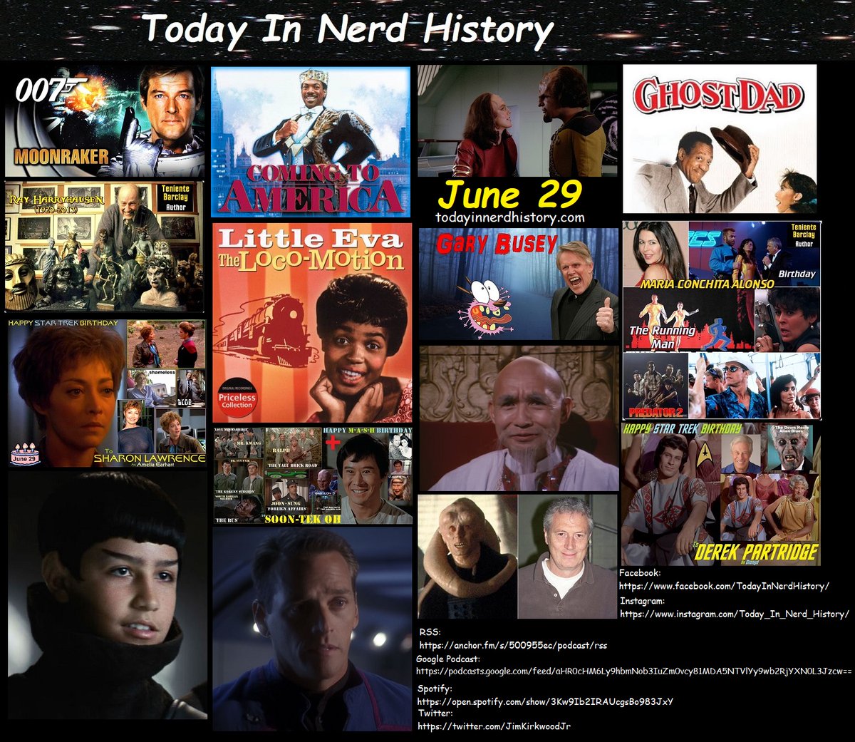 Today In Nerd History June 29
#TodayInNerdHistory #June29 #Moonraker #ComingToAmerica #StarTrek #RayHarryhausen #GaryBusey #MariaConchitaAlonso #SharonLawrence #SoonTekOh #JohnFujioka #DerekPartridge #MichaelCarter #RichardAnthonyCrenna
More Info
sites.google.com/view/today-in-…