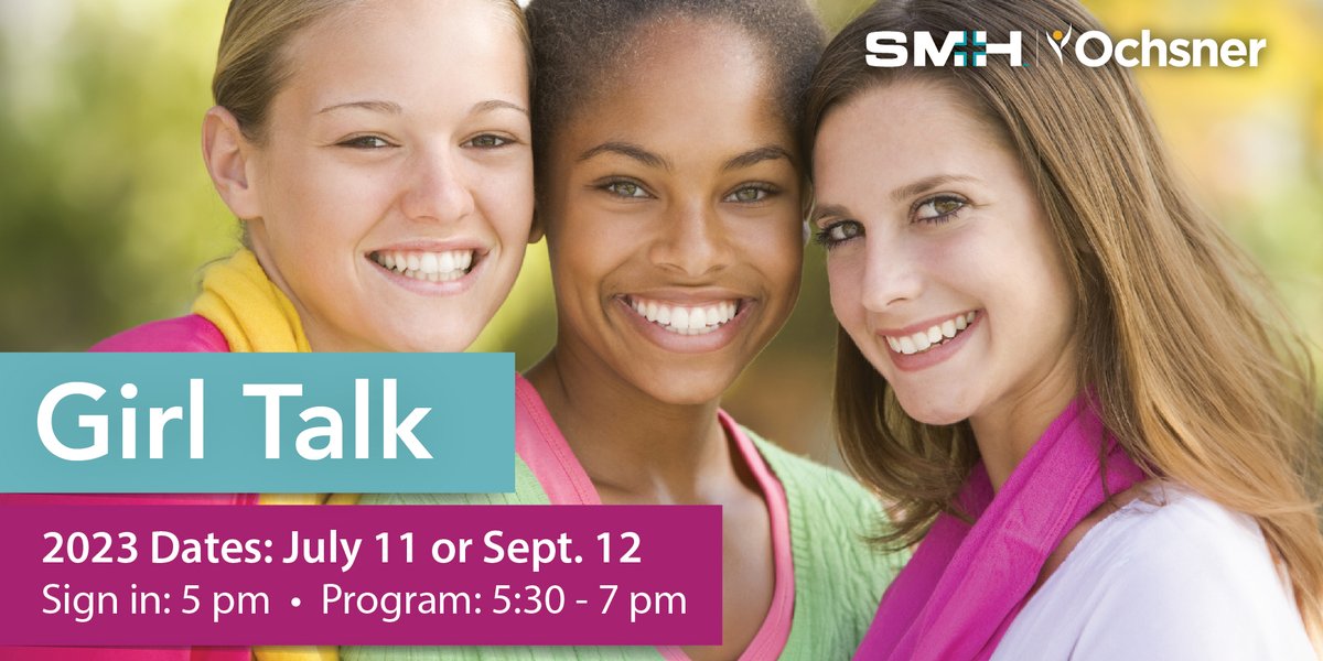 SlidellMemorial's tweet photo. It is almost time for our next Girl Talk Class! This popular class teaches young girls about the changes that will occur as their bodies go through puberty. 

Join us on July 11 from 5:30- 7 pm in SMH Founders Building. To register, please call (985) 280-8529. https://t.co/NgN8ImPWRq