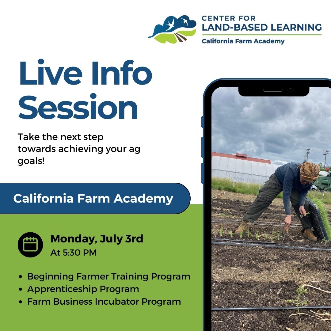 Your farming journey starts here! Join us for a FREE online info session to learn more about how the California Farm Academy can help you on the next step on your path. Register: bit.ly/43C7ptA. #wegrowfarmers