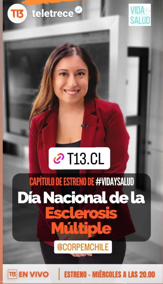 Por el Día Nacional de la EM, C13 transmitirá una entrevista con la Dra. Scherpenisse y el testimonio de Catalina Cádiz en el Programa Vida Y Salud.
La puedes ver por señal 13.2 de TV o por t13.cl/en-vivo
#EsclerosisMultipleChile
#EsclerosisMúltiple